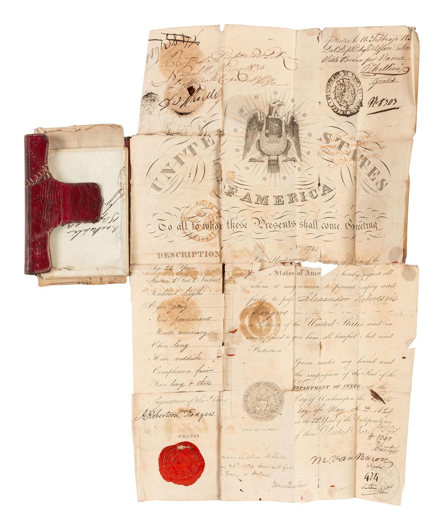 VAN BUREN, Martin (1782-1862). Passport document signed ("M. Van Buren"), as Secretary of State. 1830. Set in a book with accompanying travel documents.