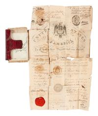 VAN BUREN, Martin (1782-1862). Passport document signed ("M. Van Buren"), as Secretary of State. 1830. Set in a book with accompanying travel documents.