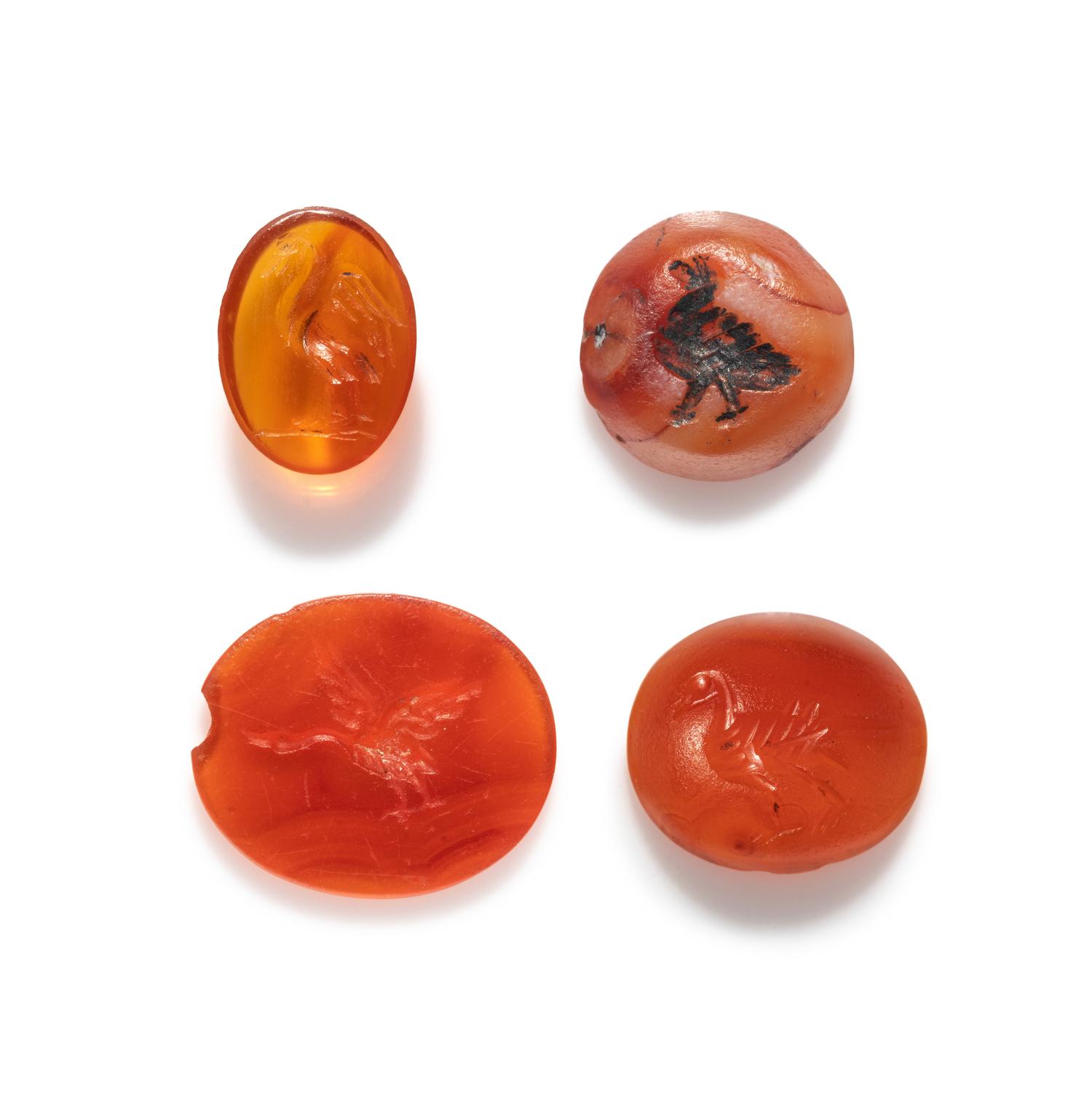 Four Carnelian Ring Stones with Birds