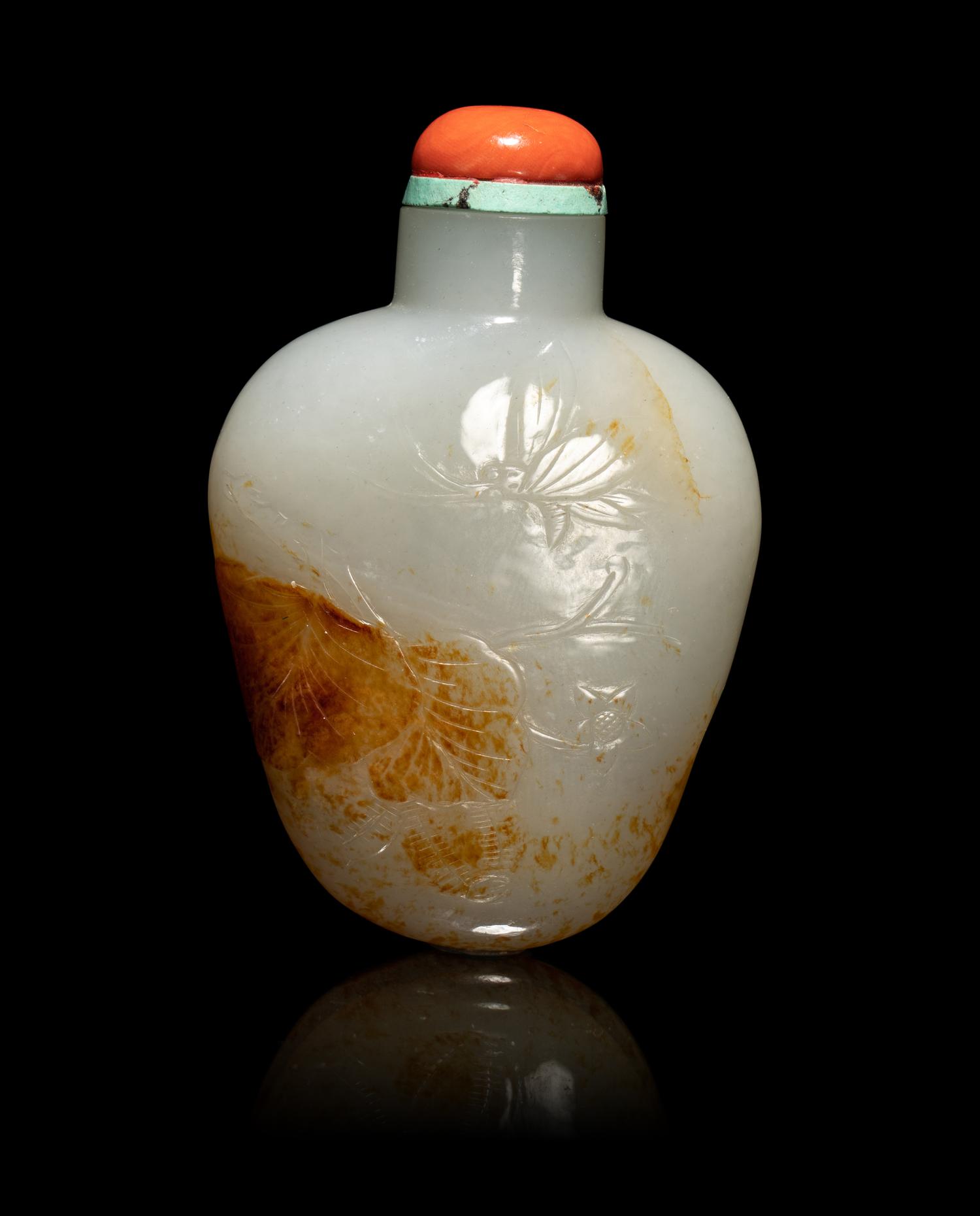 A Chinese Russet and White Jade 'Butterfly' Snuff Bottle