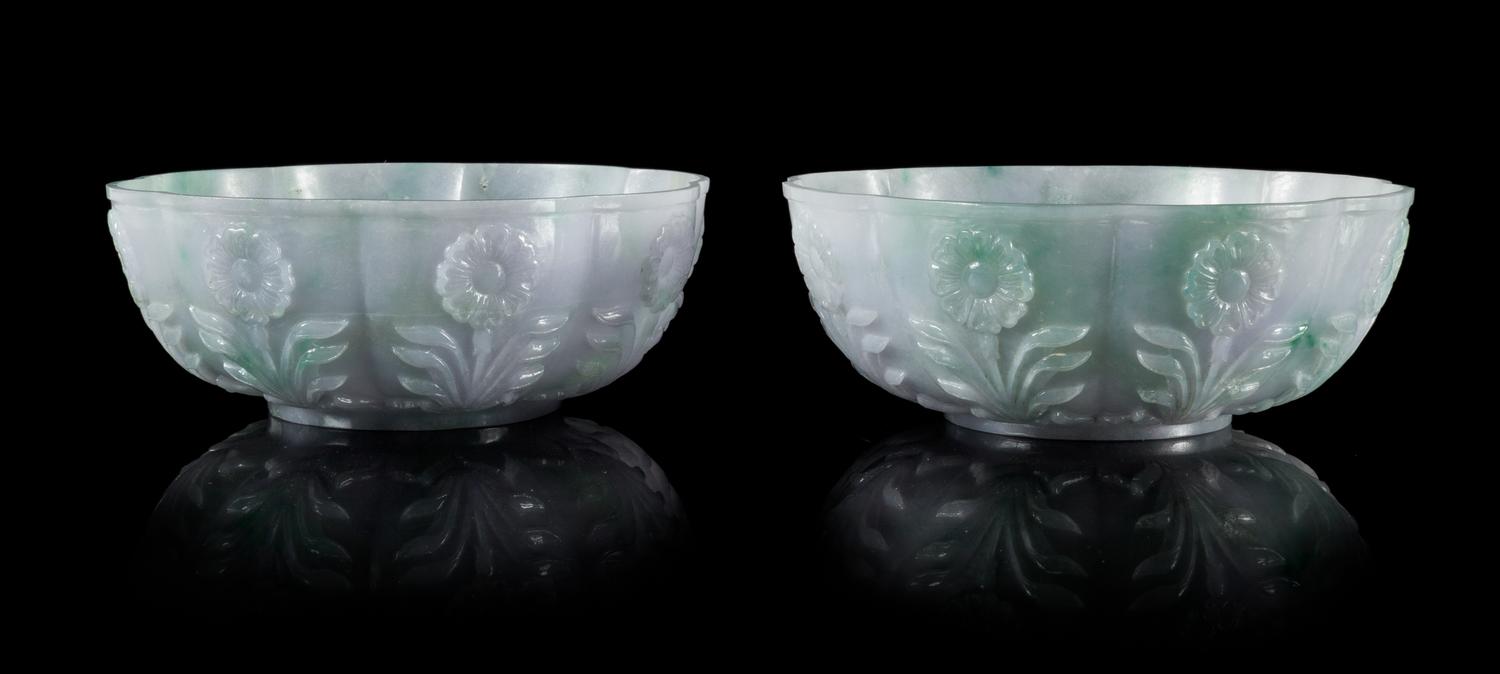 A Pair of Mughal Style Jadeite Bowls Diameter of each 5 inches.