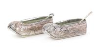A Pair of Chinese Export Silver Salts, Maker's Mark SW, 19th Century, each in the form of a shoe engraved to show bamboo branches and c