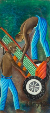 Gerard Valcin, (Haitian, 1925-1988), Untitled (Village Scene), 1972 and Untitled (Farmers), 1972 (a pair of works)