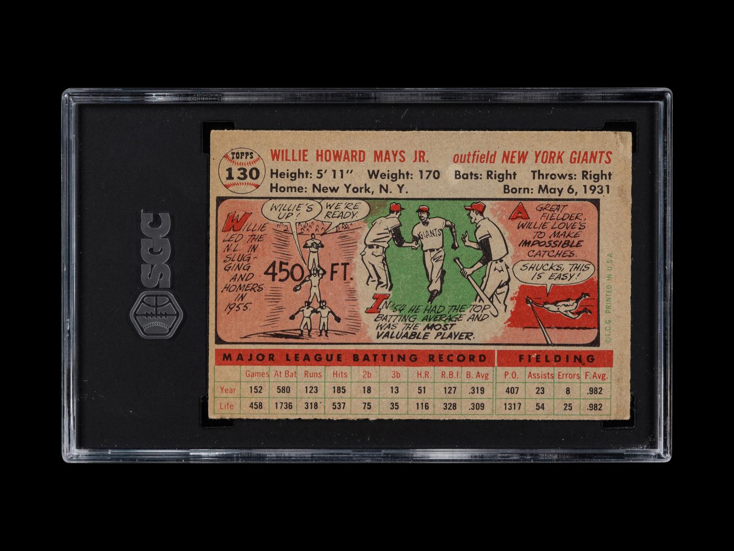 A 1956 Topps Willie Mays Baseball Card No. 130 Gray Back (SGC 5.5 EX+)