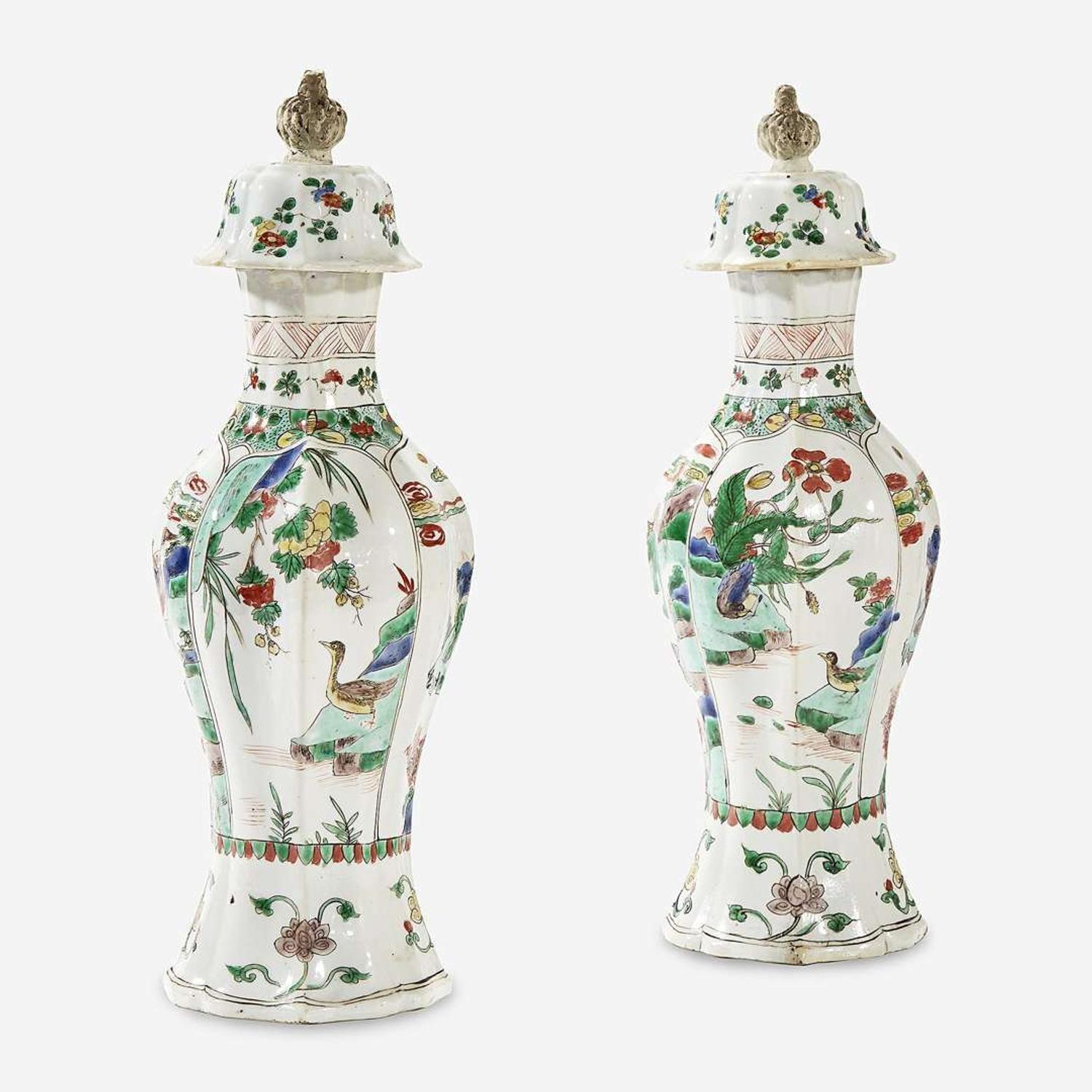 A Pair of Chinese Famille Verte-Decorated Porcelain Baluster Vases and Covers Kangxi period
