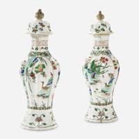 A Pair of Chinese Famille Verte-Decorated Porcelain Baluster Vases and Covers Kangxi period