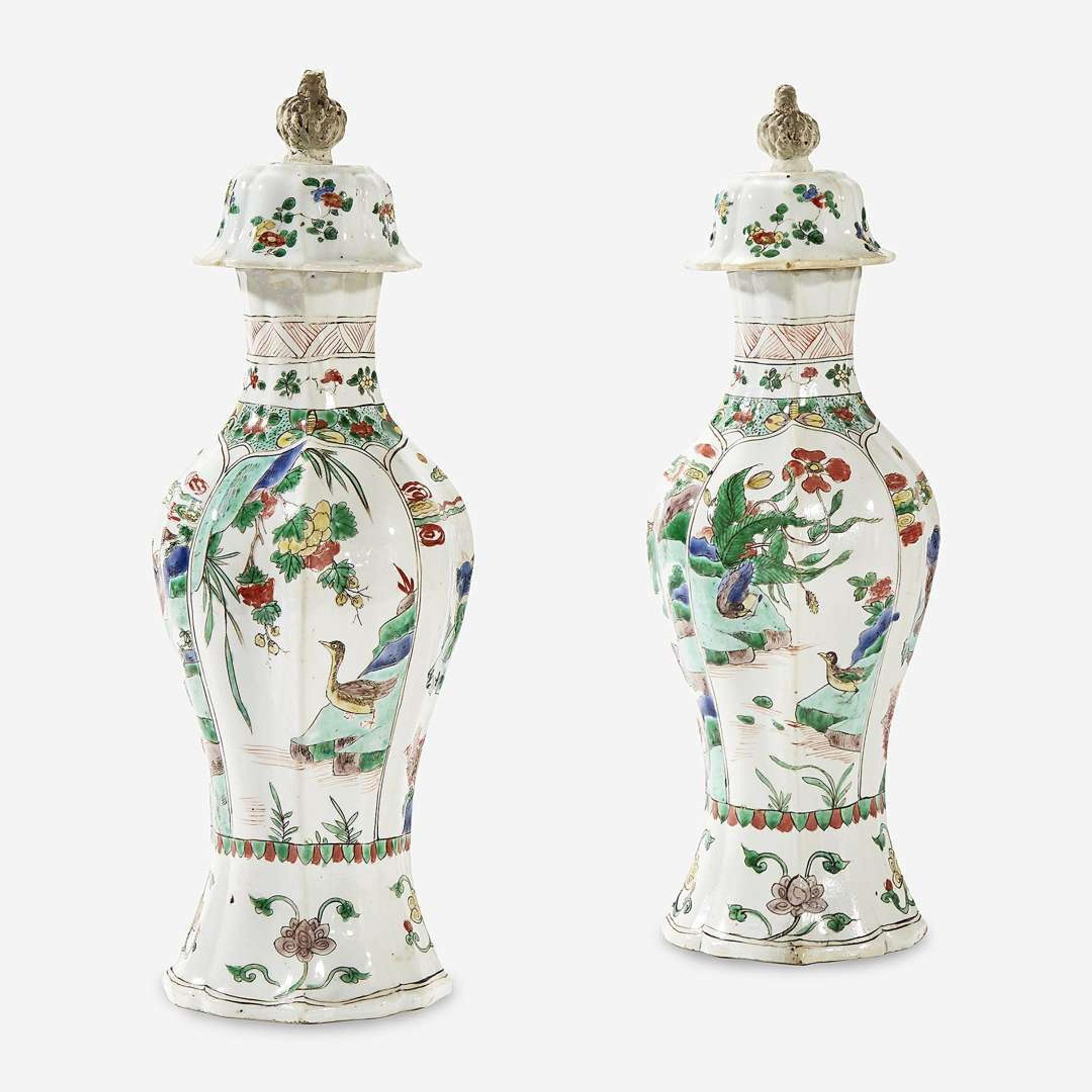 A Pair of Chinese Famille Verte-Decorated Porcelain Baluster Vases and Covers Kangxi period