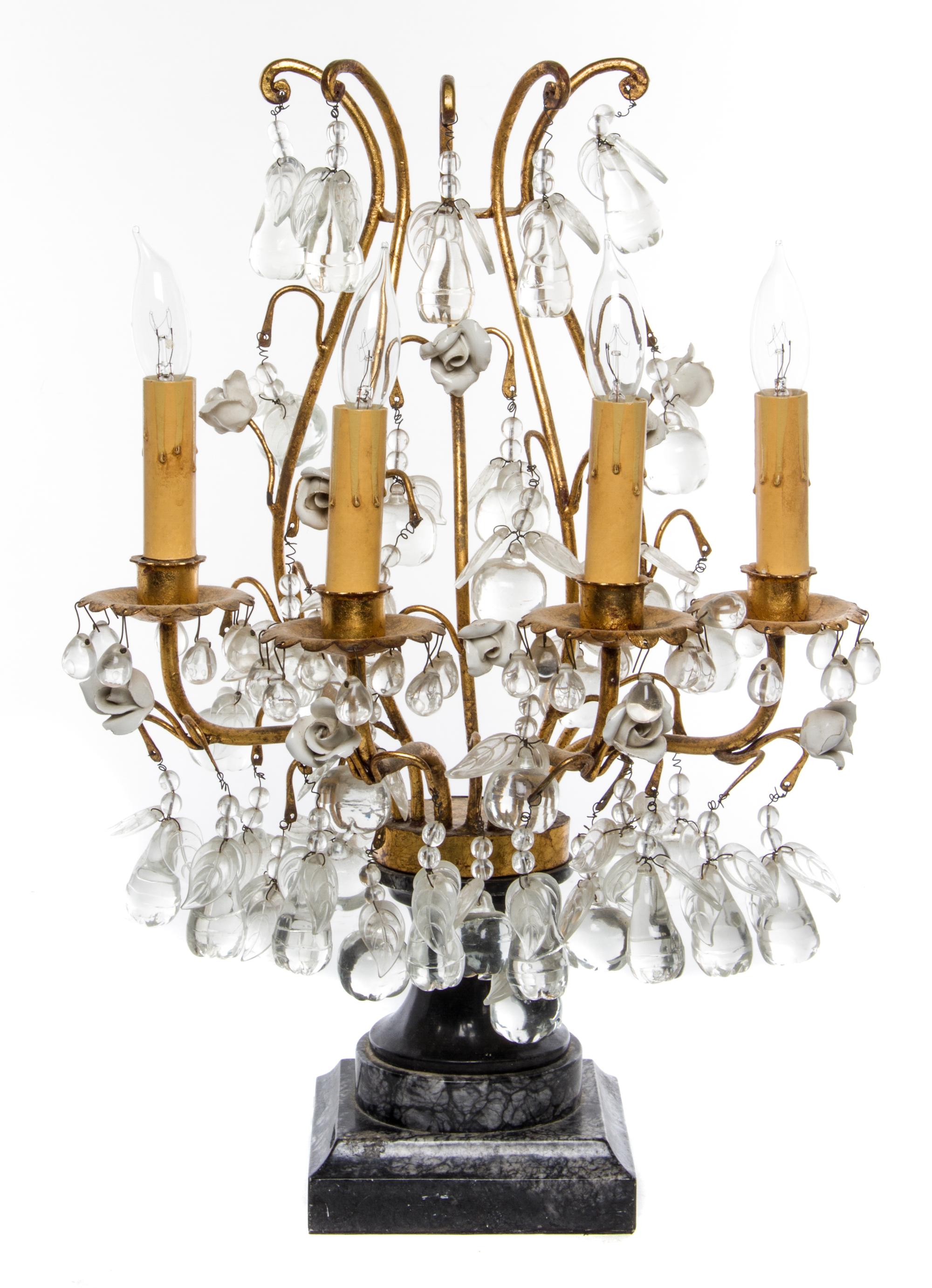 An Italian Tole, Porcelain and Glass Four-Light Candelabra Height 21 inches. — 20TH CENTURY