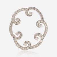 A Diamond and 14K White Gold Scalloped Brooch