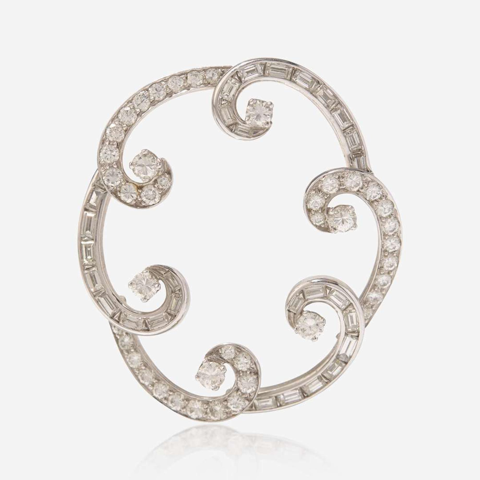 A Diamond and 14K White Gold Scalloped Brooch