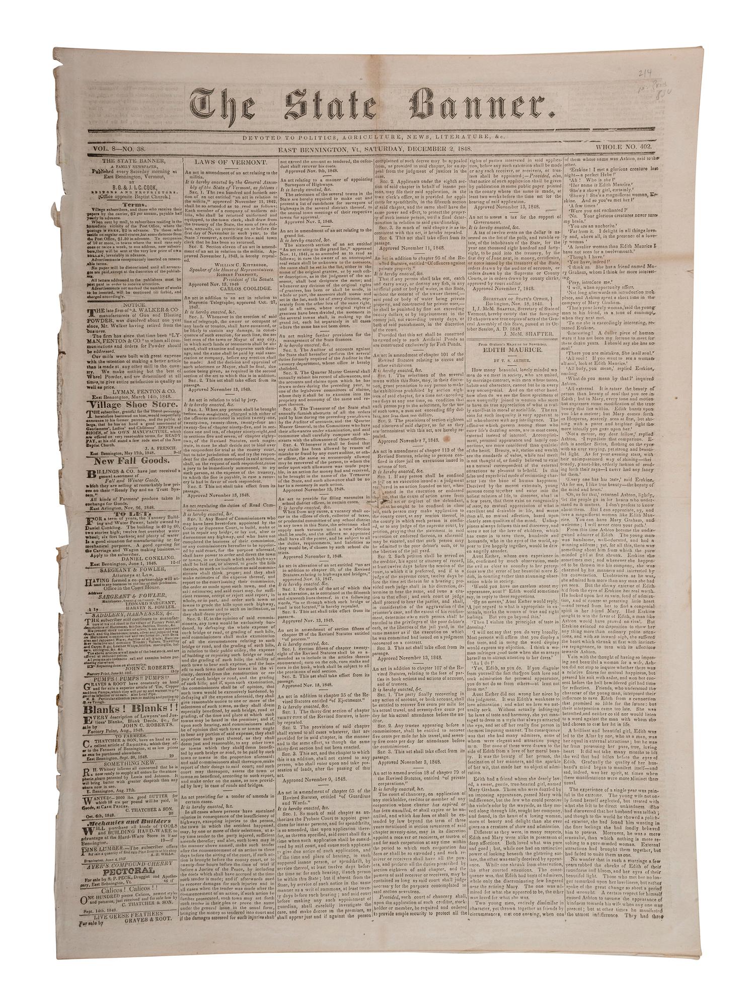 [CALIFORNIA GOLD RUSH]. Official report of the discovery of gold in California featured in December 1848 broadsheet.