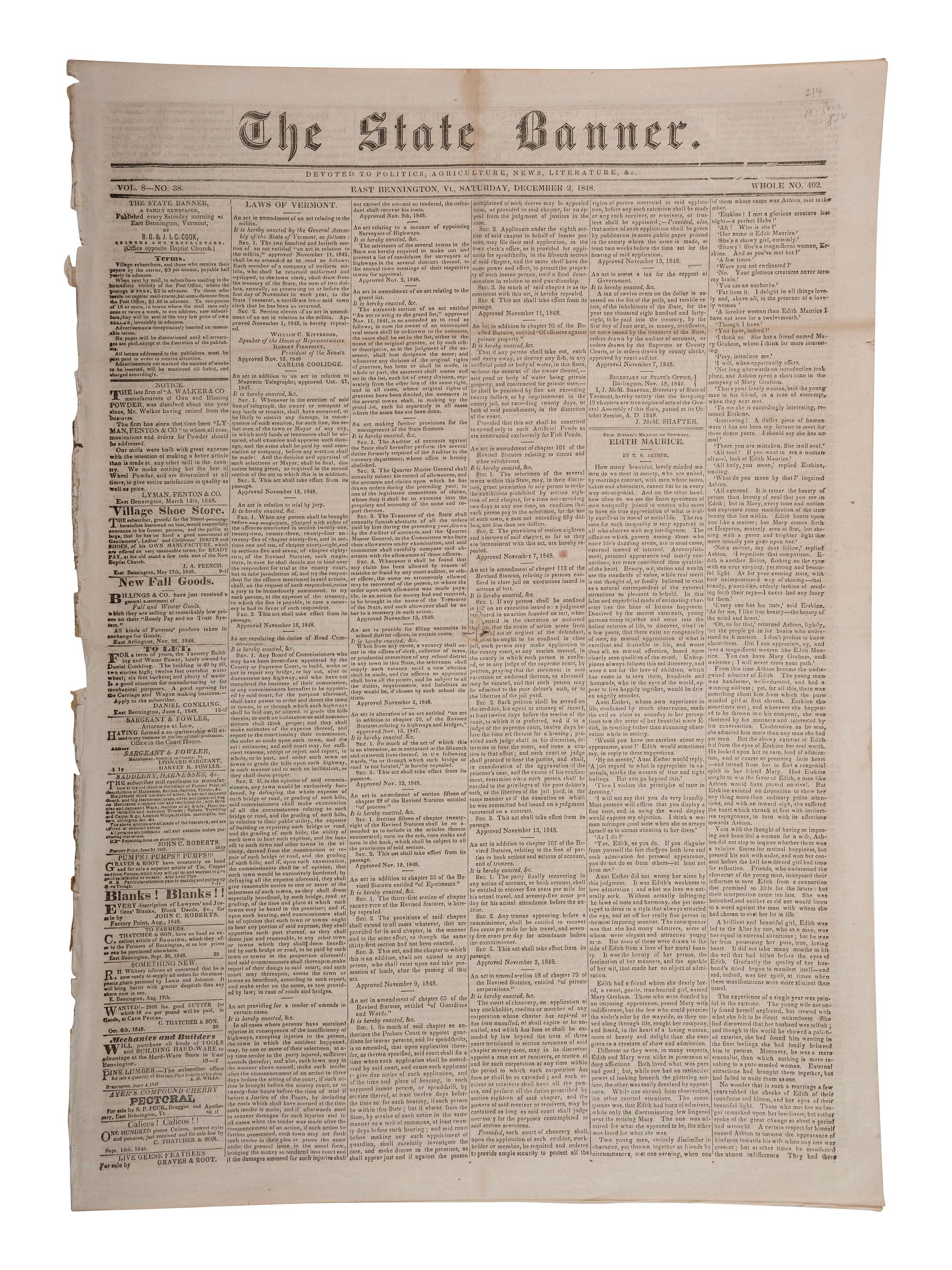 [CALIFORNIA GOLD RUSH]. Official report of the discovery of gold in California featured in December 1848 broadsheet.