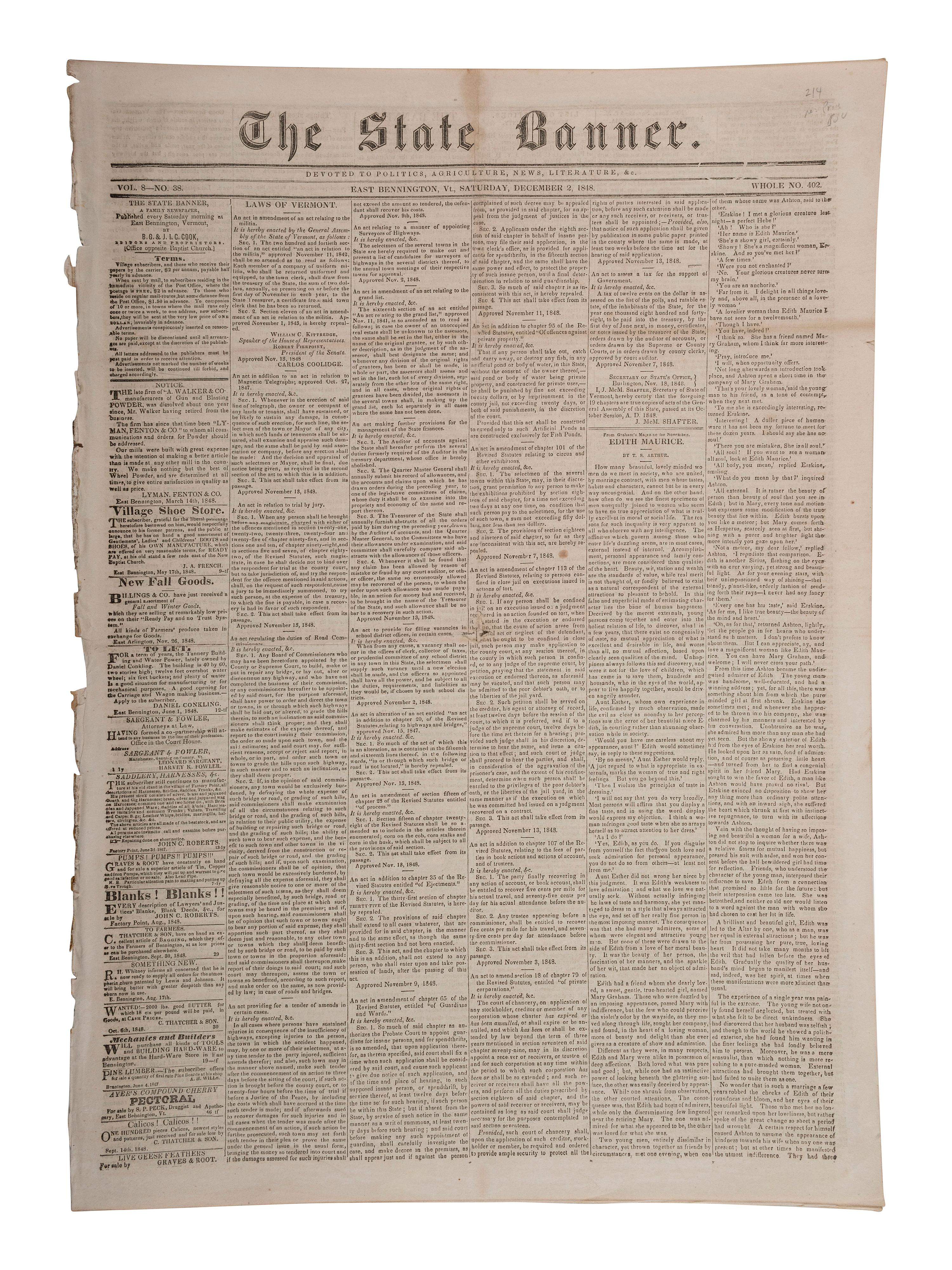 [CALIFORNIA GOLD RUSH]. Official report of the discovery of gold in California featured in December 1848 broadsheet.