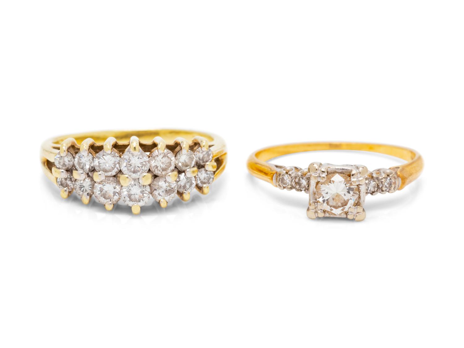 A Collection of 14 Karat Yellow Gold and Diamond Rings,