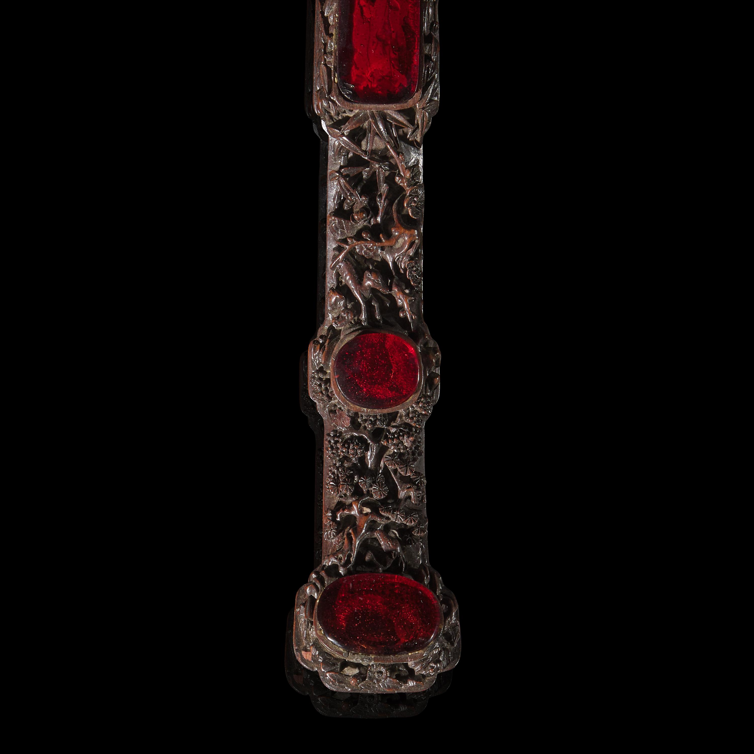 A Chinese Amber Glass-Inset Carved Wood Ruyi Scepter and Stand, with Three Photo Albums, Late 19th-Early 20th Century — 清晚期 紅木雕花三鑲琥珀料如意及相冊三簿