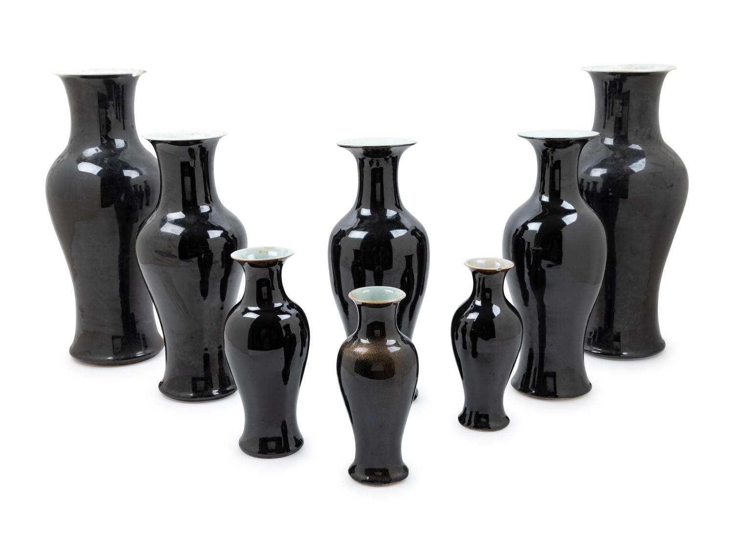 Eight Chinese Mirror Black Glazed Porcelain Vases