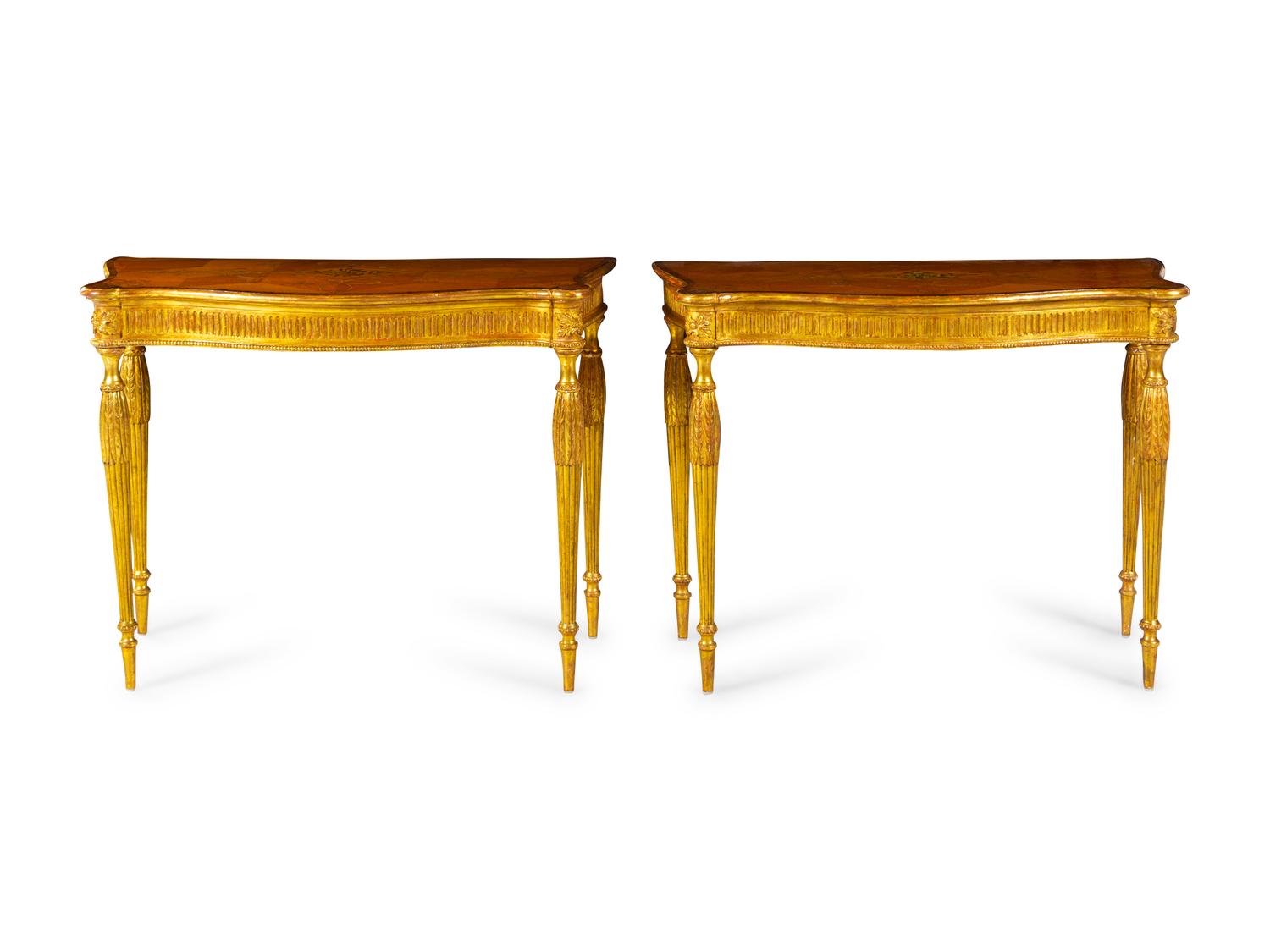 A Pair of George III Satinwood, Marquetry and Giltwood Console Tables