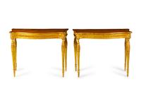 A Pair of George III Satinwood, Marquetry and Giltwood Console Tables