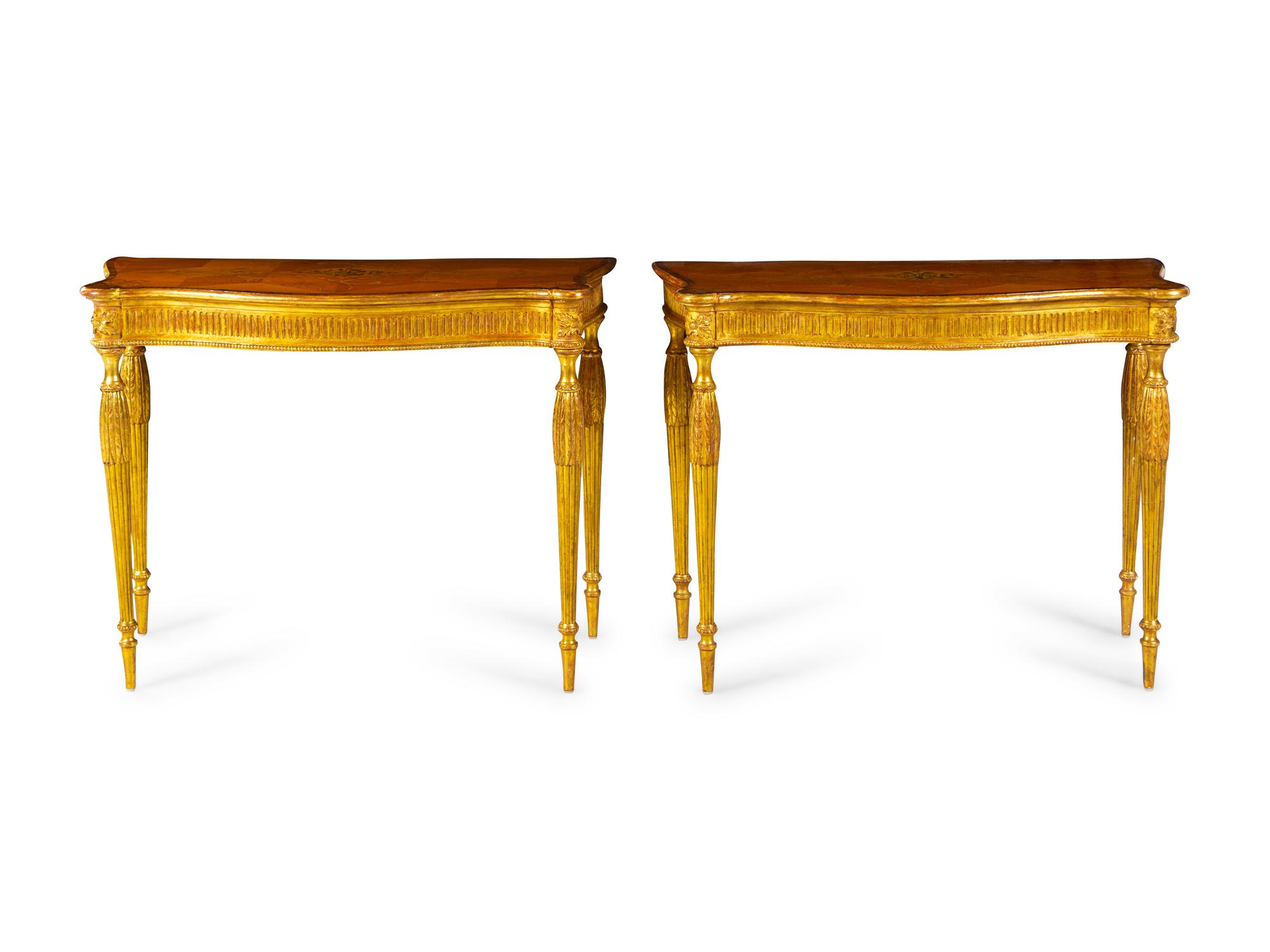A Pair of George III Satinwood, Marquetry and Giltwood Console Tables