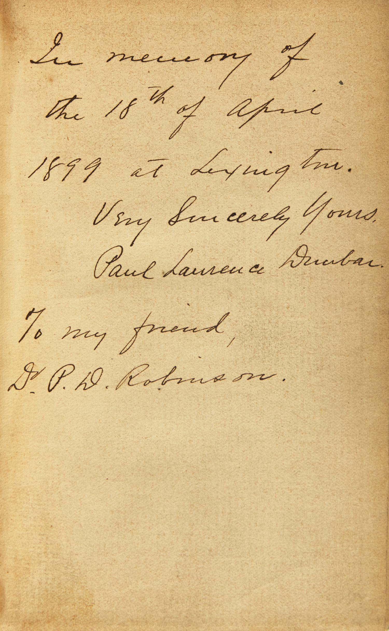[African-Americana] Dunbar, Paul Laurence. Collection of 3 Inscribed Books and 4 Autographed and Typed Letters, signed