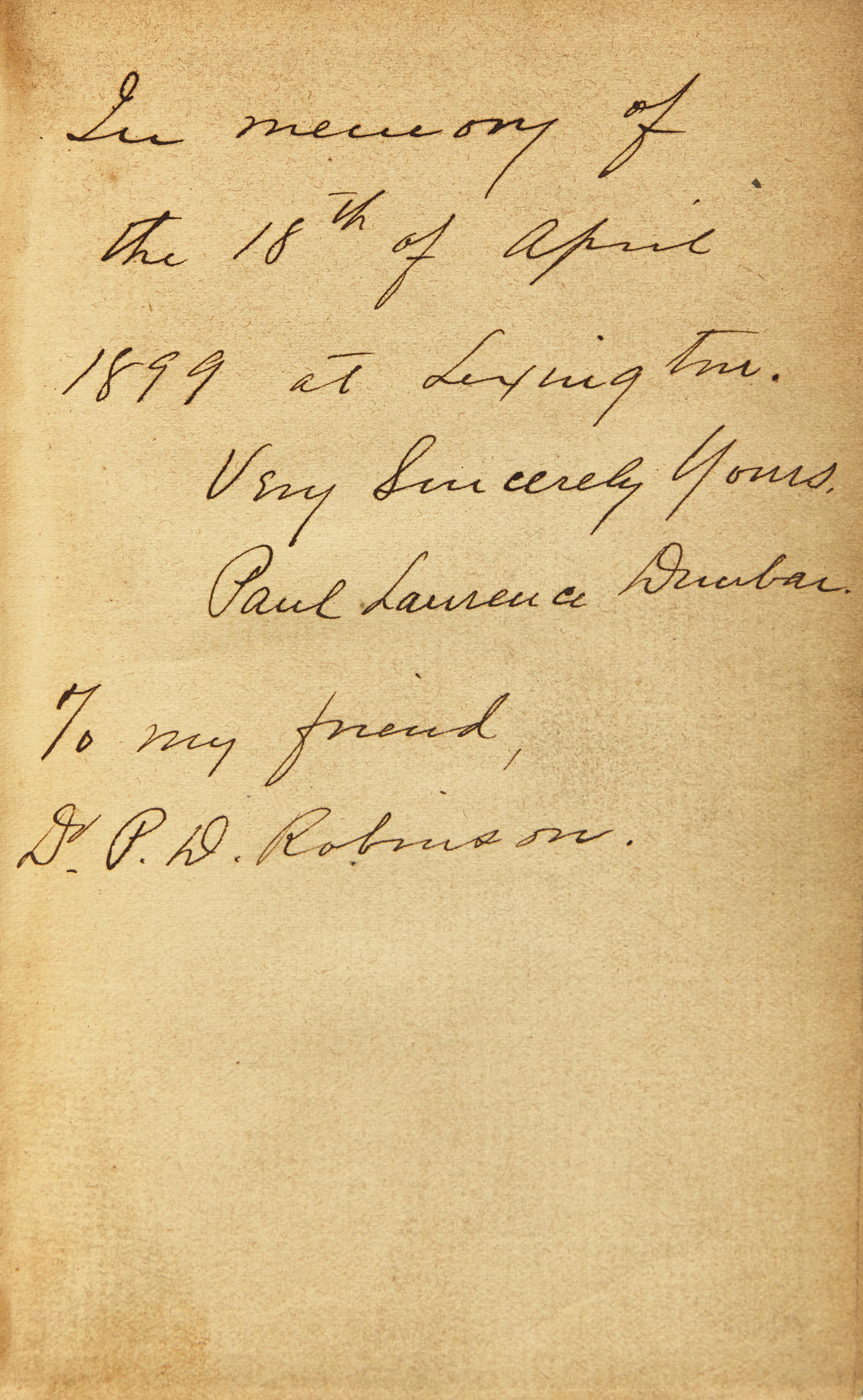 [African-Americana] Dunbar, Paul Laurence. Collection of 3 Inscribed Books and 4 Autographed and Typed Letters, signed