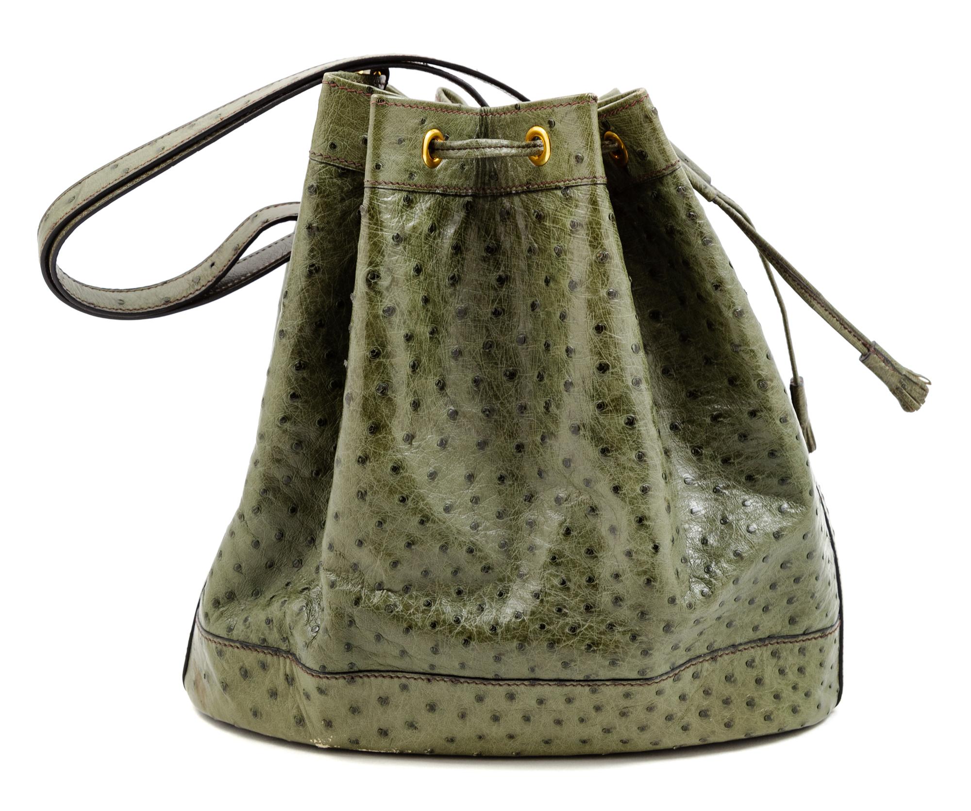 An Hermès Green Ostrich Vintage Bucket Bag, 11" H x 10.5" W x 4.5" D; Strap drop: 8.5".