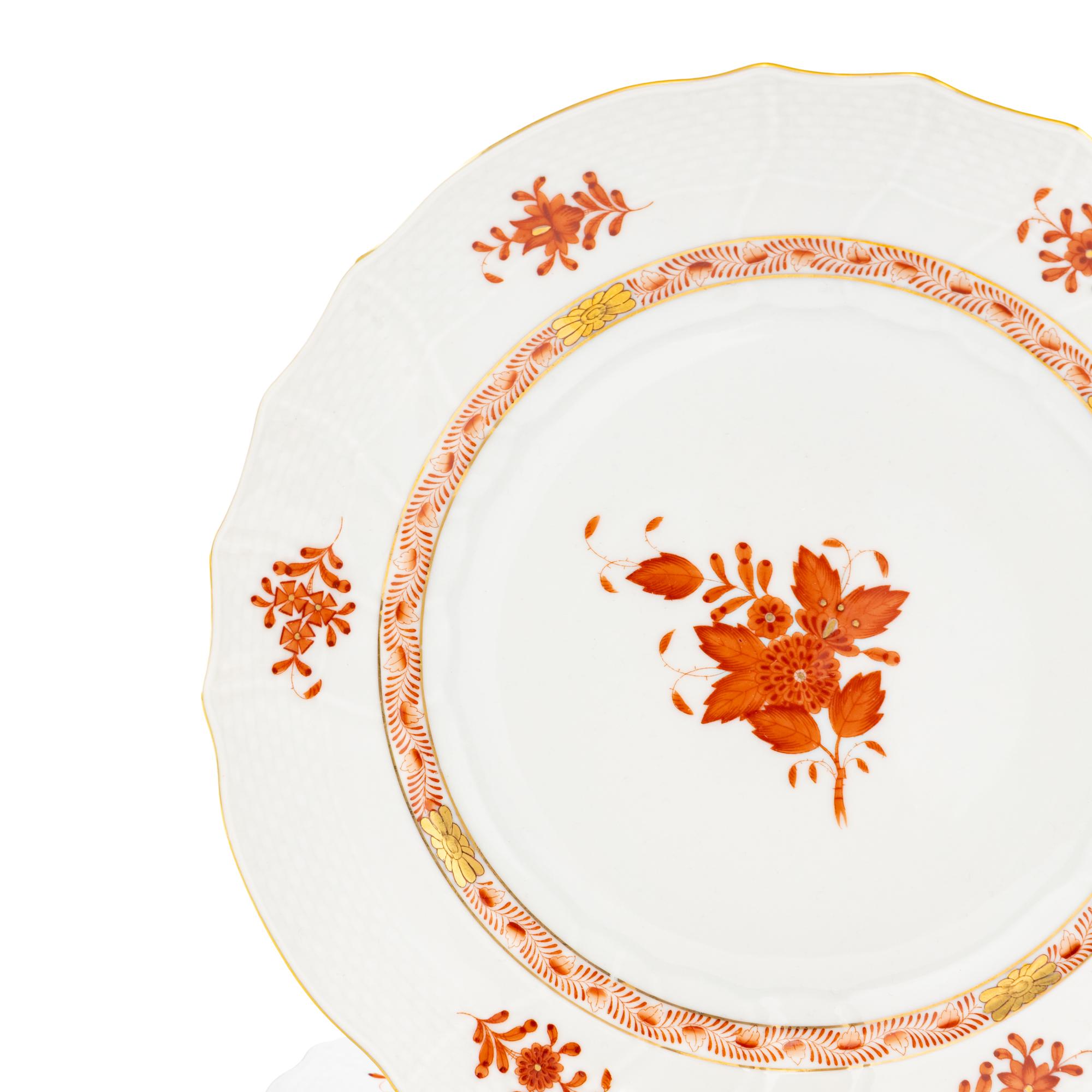 A Set of Six Herend Chinese Bouquet Rust Porcelain Dinner Plates