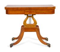 A Regency Style Satinwood Inlaid Parcel Gilt Rosewood Lyre-Base Flip Top Game Table — 19TH CENTURY