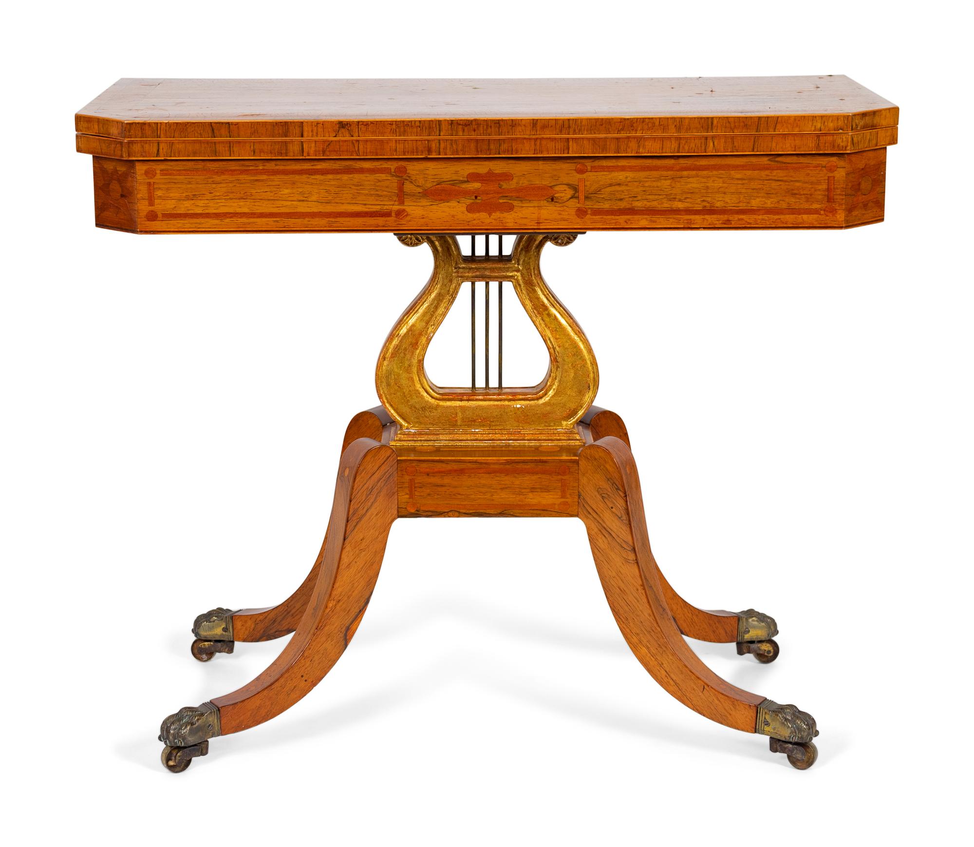 A Regency Style Satinwood Inlaid Parcel Gilt Rosewood Lyre-Base Flip Top Game Table — 19TH CENTURY