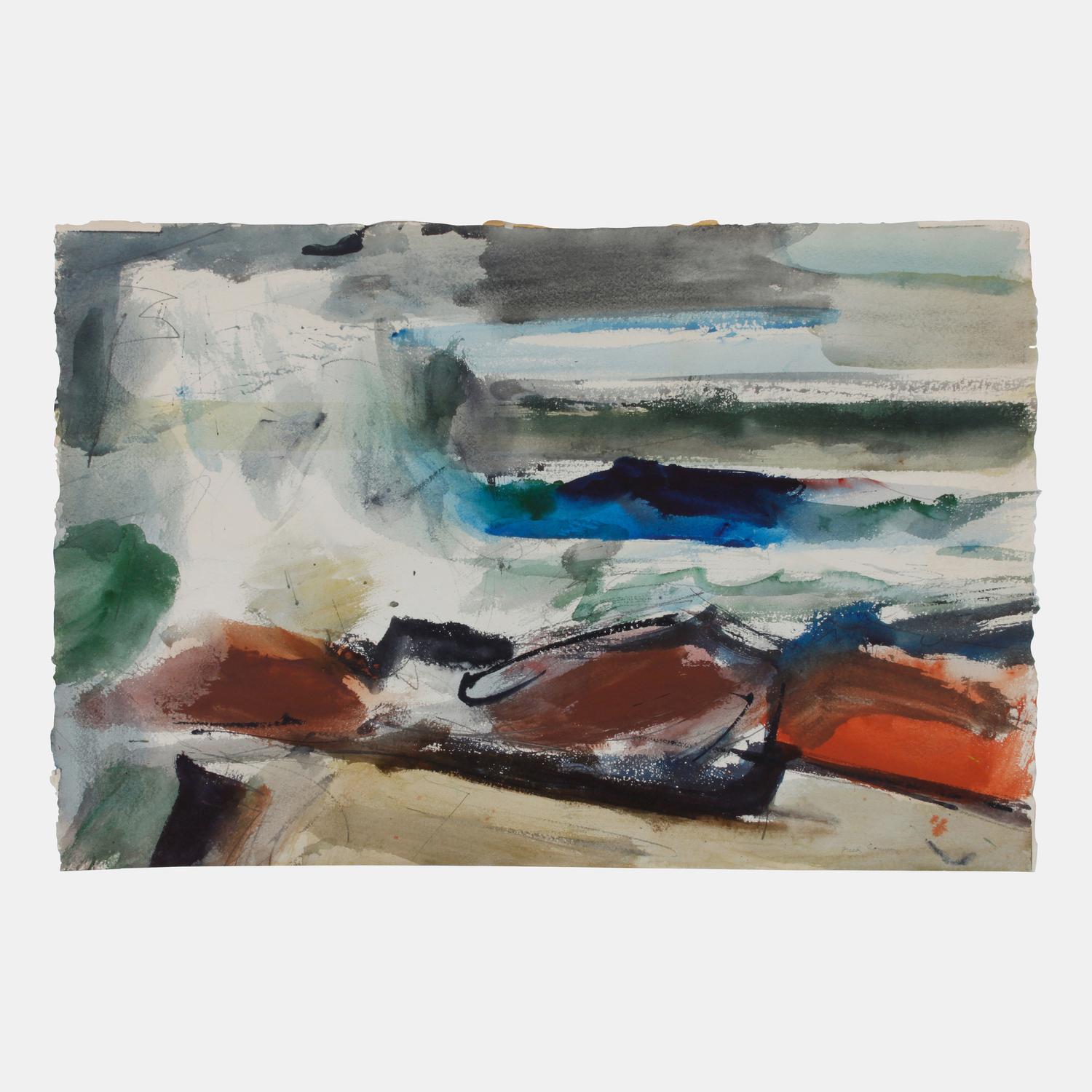 Three works: Coastal Town; Artist Painting in Yard; and Seascape