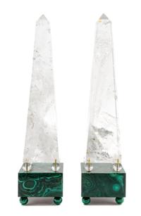 A Pair of Rock Crystal and Malachite Veneered Obelisks Height 15 1/2 inches. — 20TH CENTURY