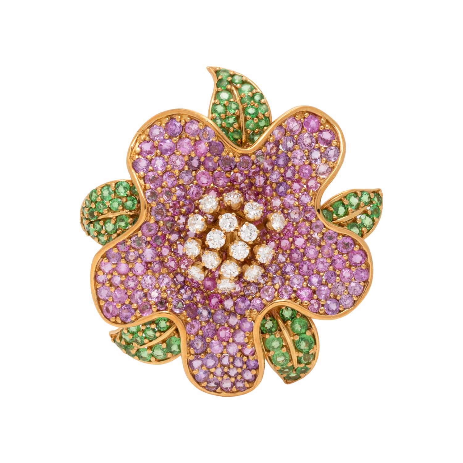 JEAN VITAU, DIAMOND, PINK SAPPHIRE AND TSAVORITE GARNET FLOWER BROOCH