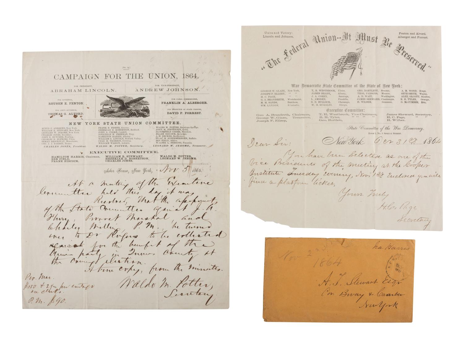 [LINCOLNIANA - POLITICS]. Two campaign letterheads from New York political organizations, ca 1864.