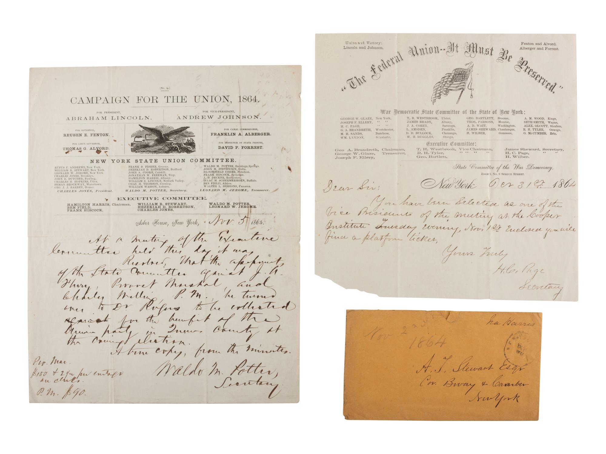 [LINCOLNIANA - POLITICS]. Two campaign letterheads from New York political organizations, ca 1864.
