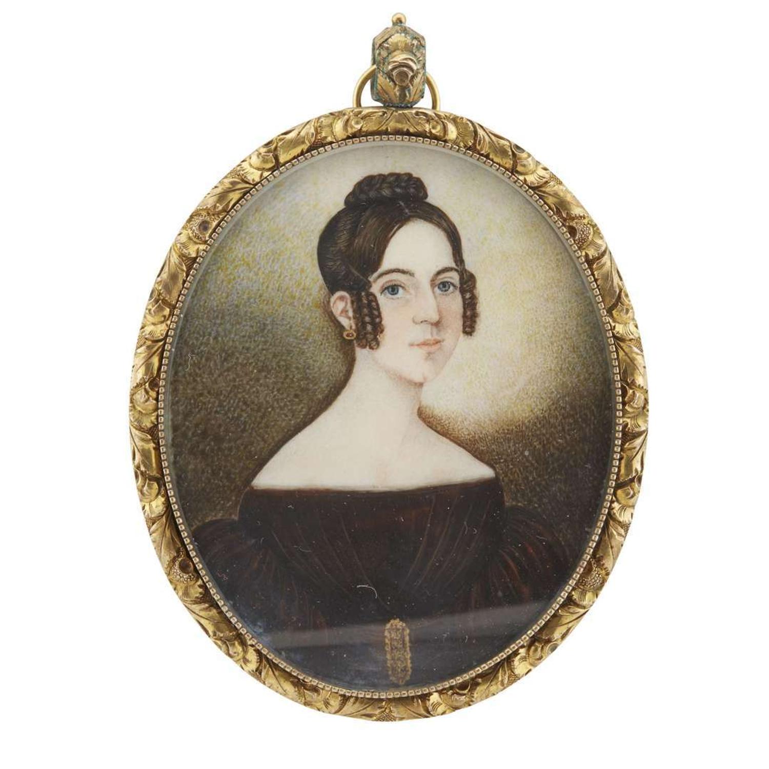 American School 19th century Portrait miniature of a lady in black dress with belt, circa 1840