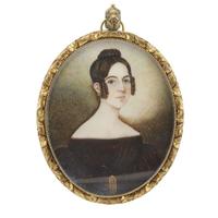 American School 19th century Portrait miniature of a lady in black dress with belt, circa 1840