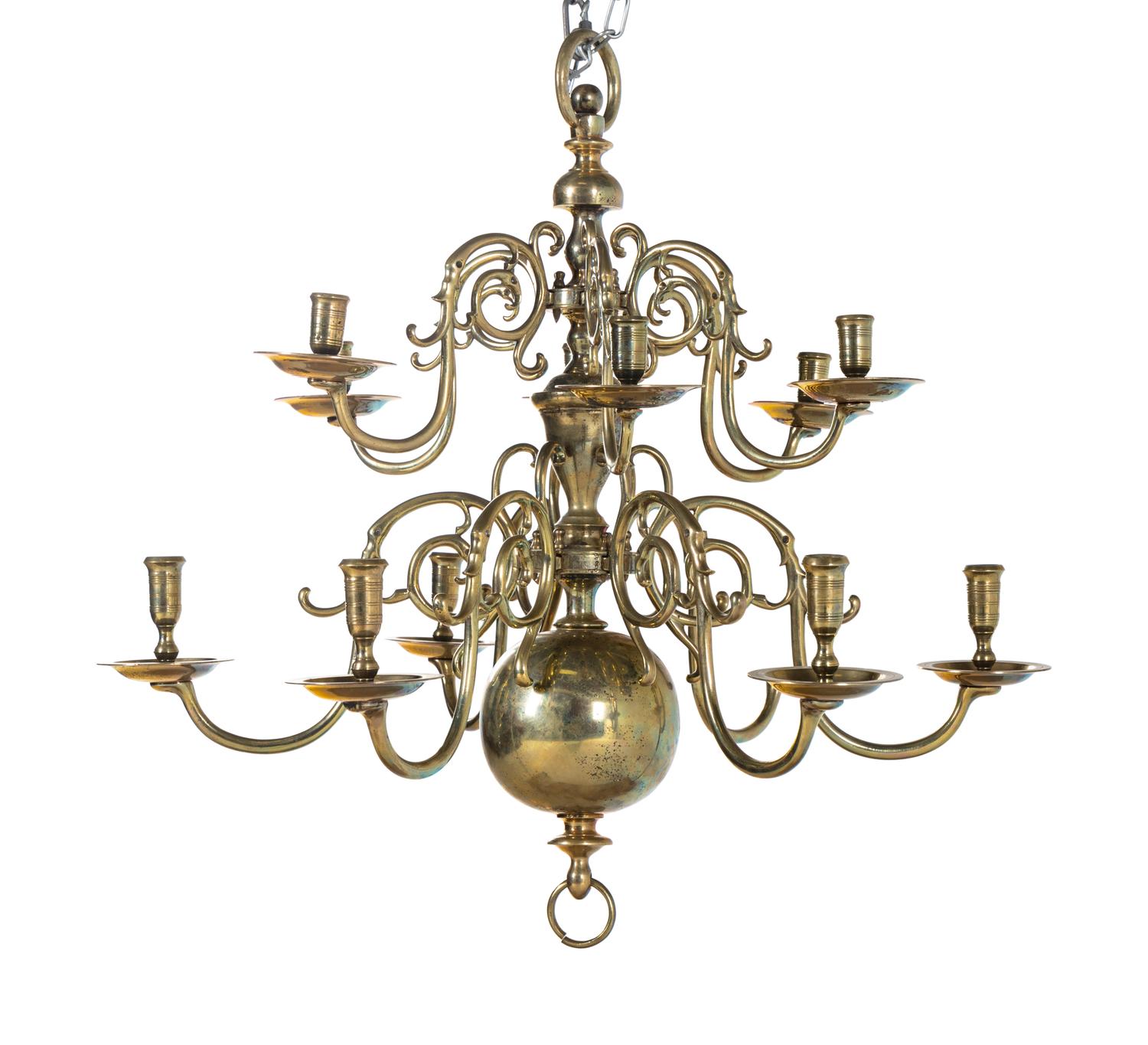 A Dutch Baroque Style Brass Twelve-Light Chandelier