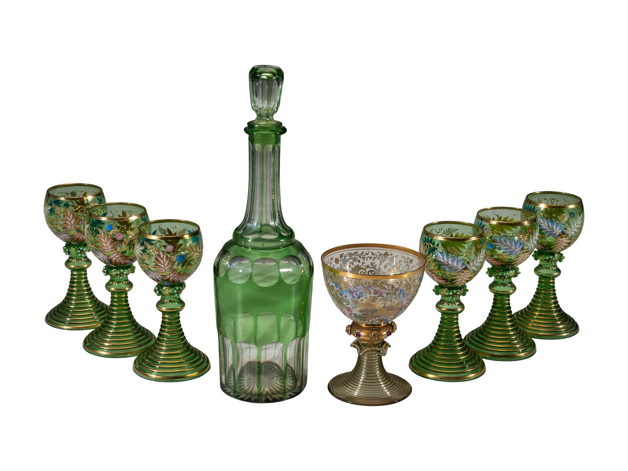Six Bohemian Enameled Glass Roemers
