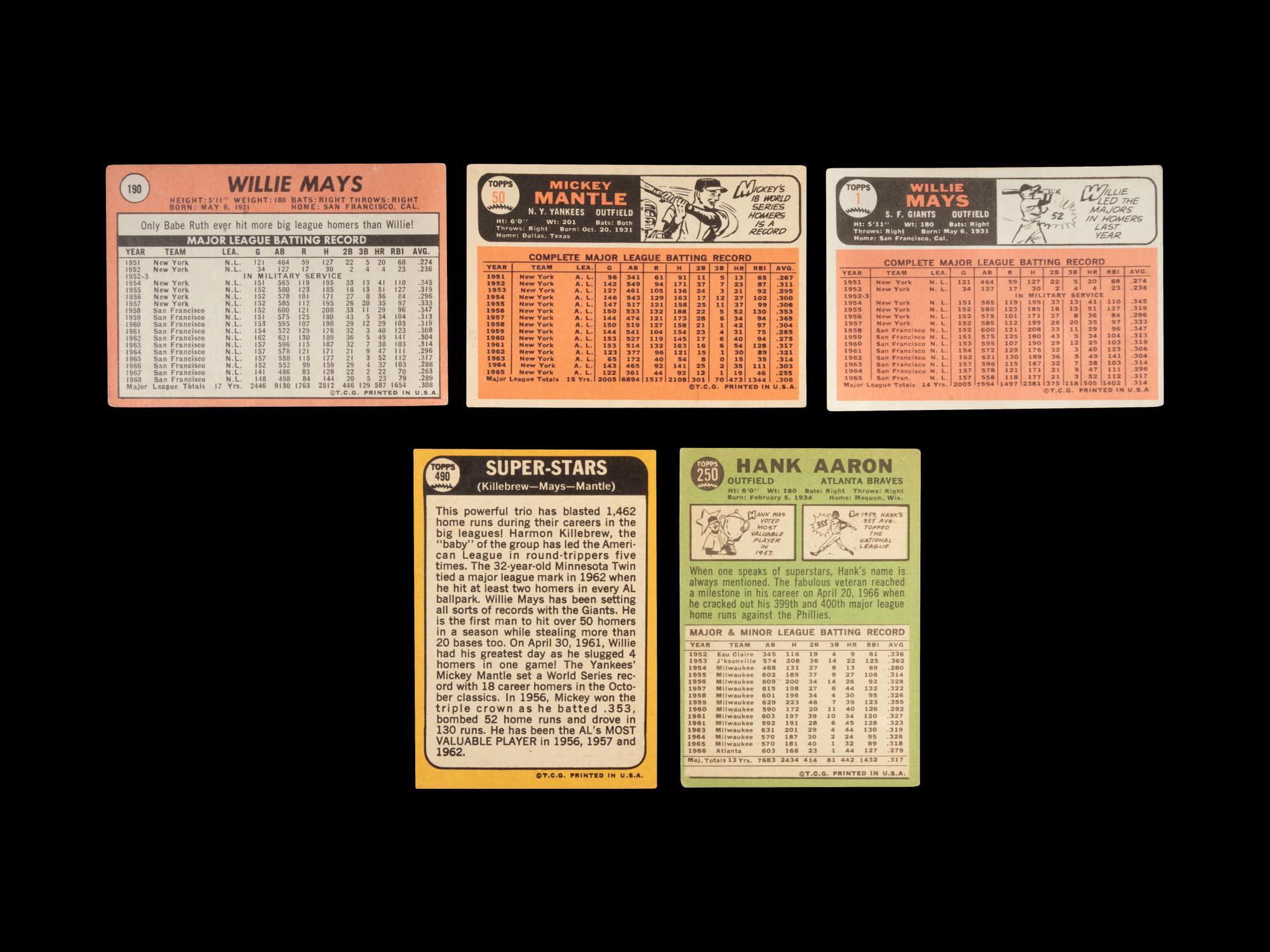 A Group of Five 1960s Mickey Mantle, Willie Mays and Hank Aaron Topps Baseball Cards,