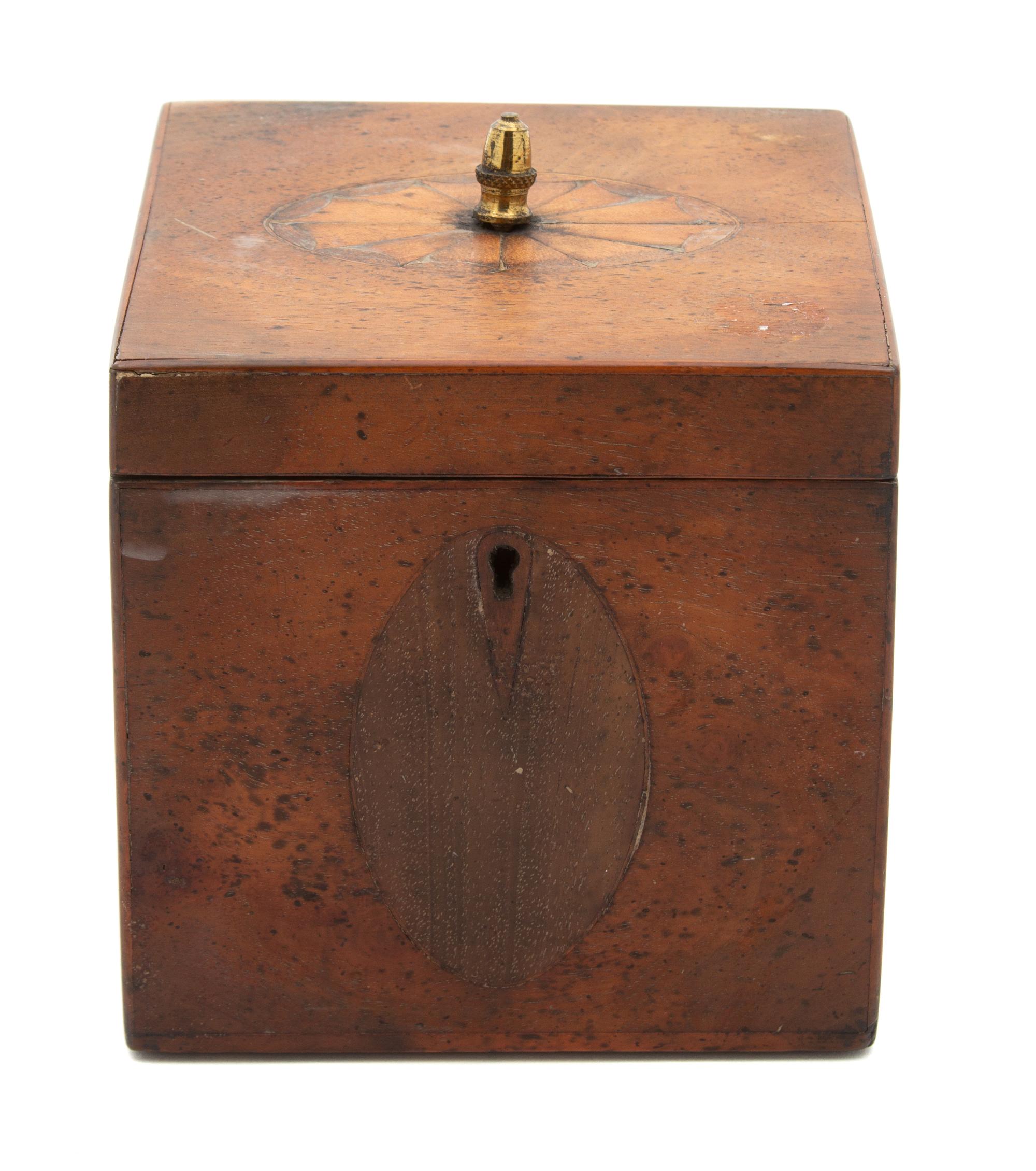 A George III Inlaid Walnut Tea Caddy Height 5 x width 4 3/4 x depth 4 3/4 inches. — 19TH CENTURY