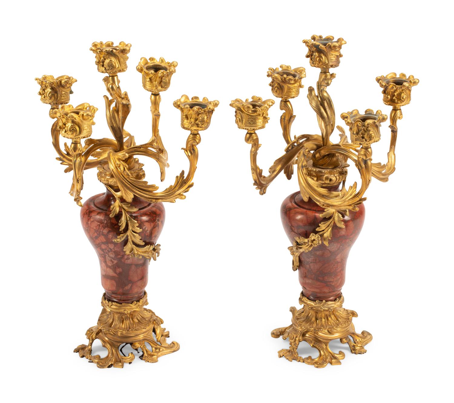 A Pair of Louis XV Style Gilt Bronze and Marble Candelabra