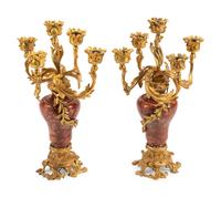 A Pair of Louis XV Style Gilt Bronze and Marble Candelabra