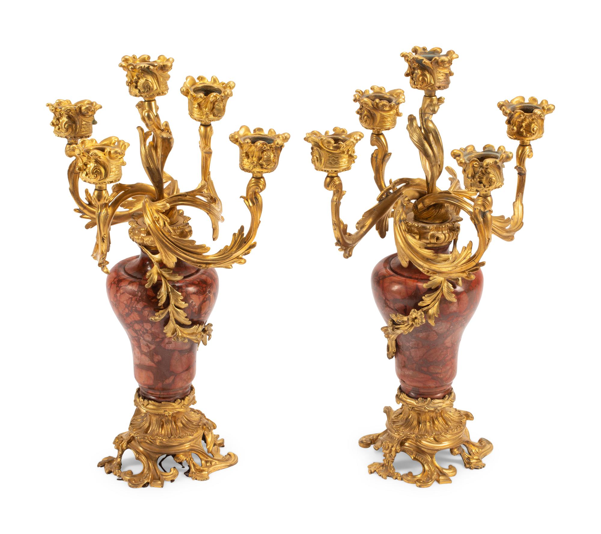 A Pair of Louis XV Style Gilt Bronze and Marble Candelabra