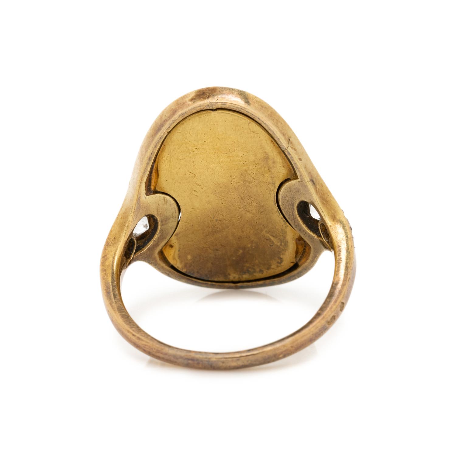 RENÉ LALIQUE, ART NOUVEAU, PATE DE VERRE, DIAMOND AND ENAMEL RING