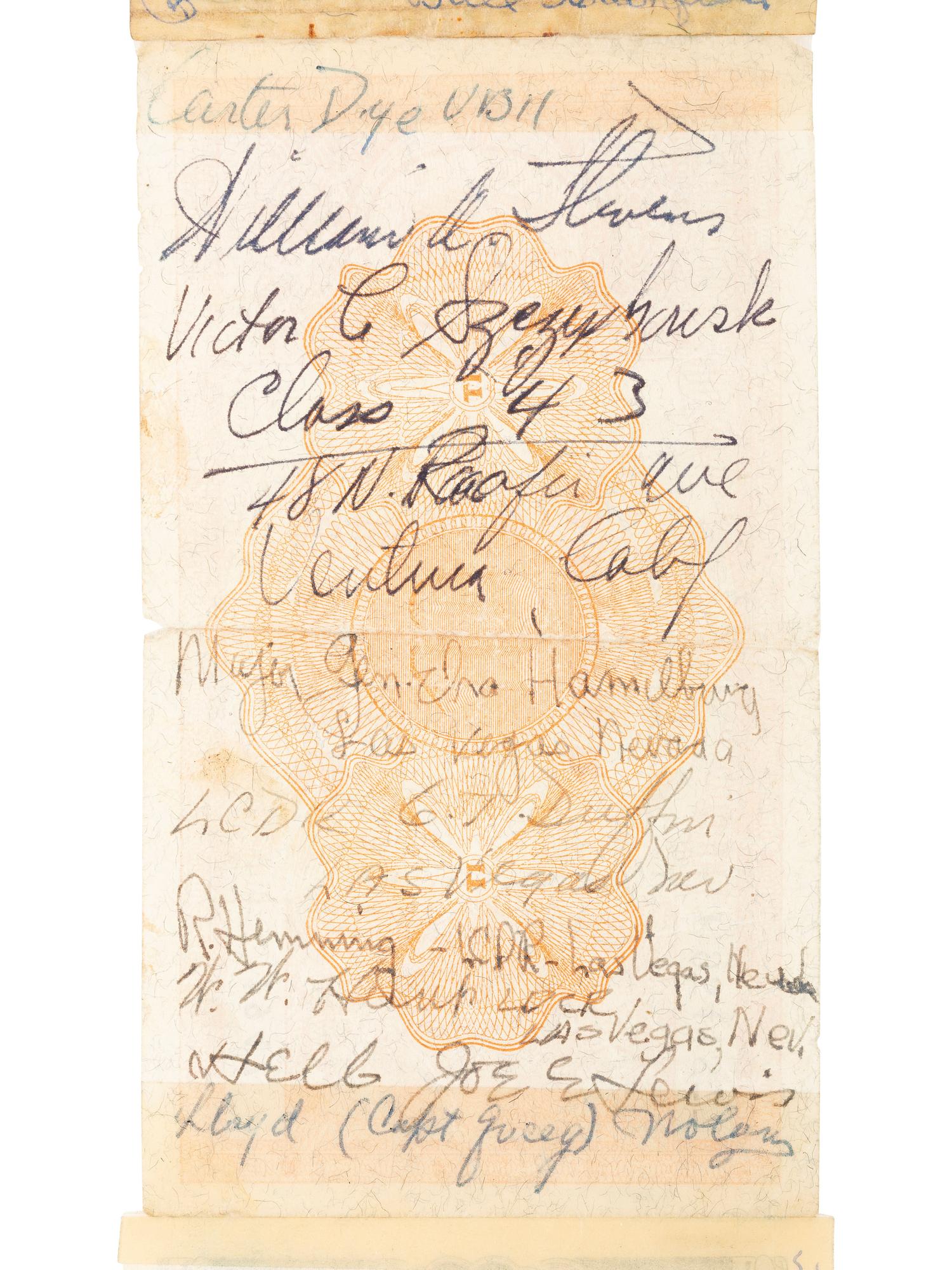 [WORLD WAR II]. Short snorter identified to Rear Admiral Edwin Mark Wilson, Jr. USN, containing autographs of Genl. Douglas MACARTHUR, Eddie RICKENBACKER, Willie MAYS, Herbert HOOVER, Richard NIXON, and more. Ca 1945-1977.