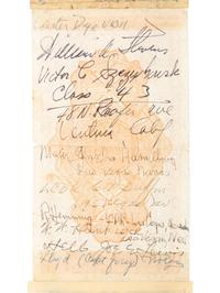 [WORLD WAR II]. Short snorter identified to Rear Admiral Edwin Mark Wilson, Jr. USN, containing autographs of Genl. Douglas MACARTHUR, Eddie RICKENBACKER, Willie MAYS, Herbert HOOVER, Richard NIXON, and more. Ca 1945-1977.