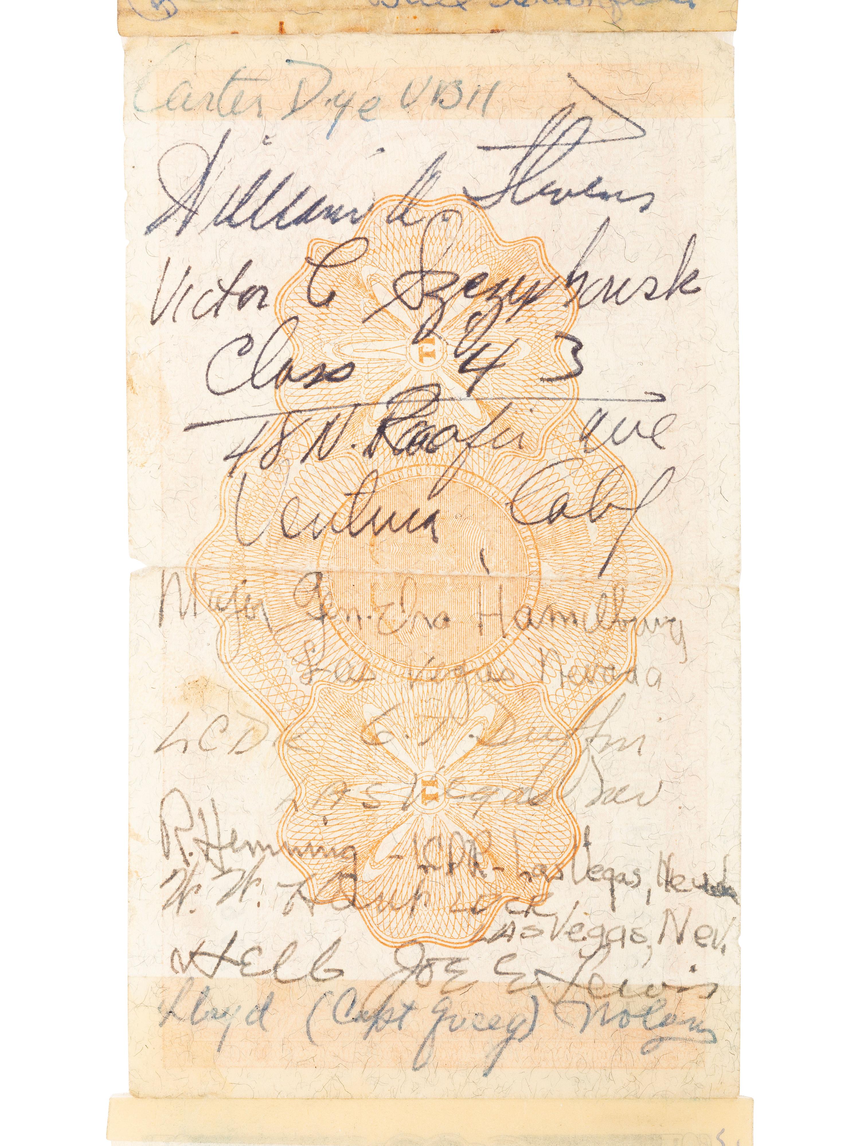 [WORLD WAR II]. Short snorter identified to Rear Admiral Edwin Mark Wilson, Jr. USN, containing autographs of Genl. Douglas MACARTHUR, Eddie RICKENBACKER, Willie MAYS, Herbert HOOVER, Richard NIXON, and more. Ca 1945-1977.