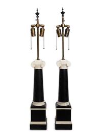 A Pair of Tesselated Bone and Ebonized Oak Ionic Columnar Table Lamps