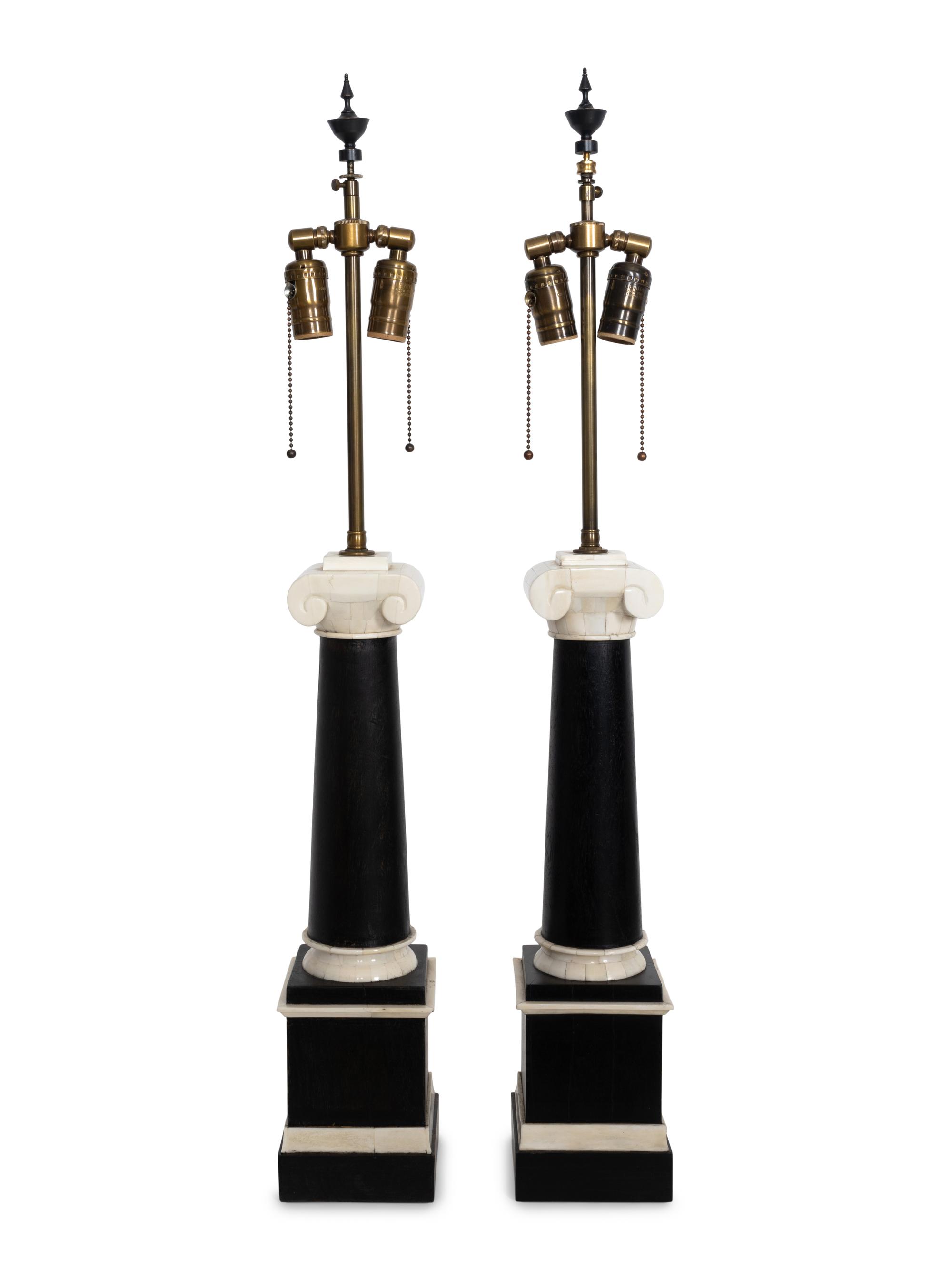A Pair of Tesselated Bone and Ebonized Oak Ionic Columnar Table Lamps