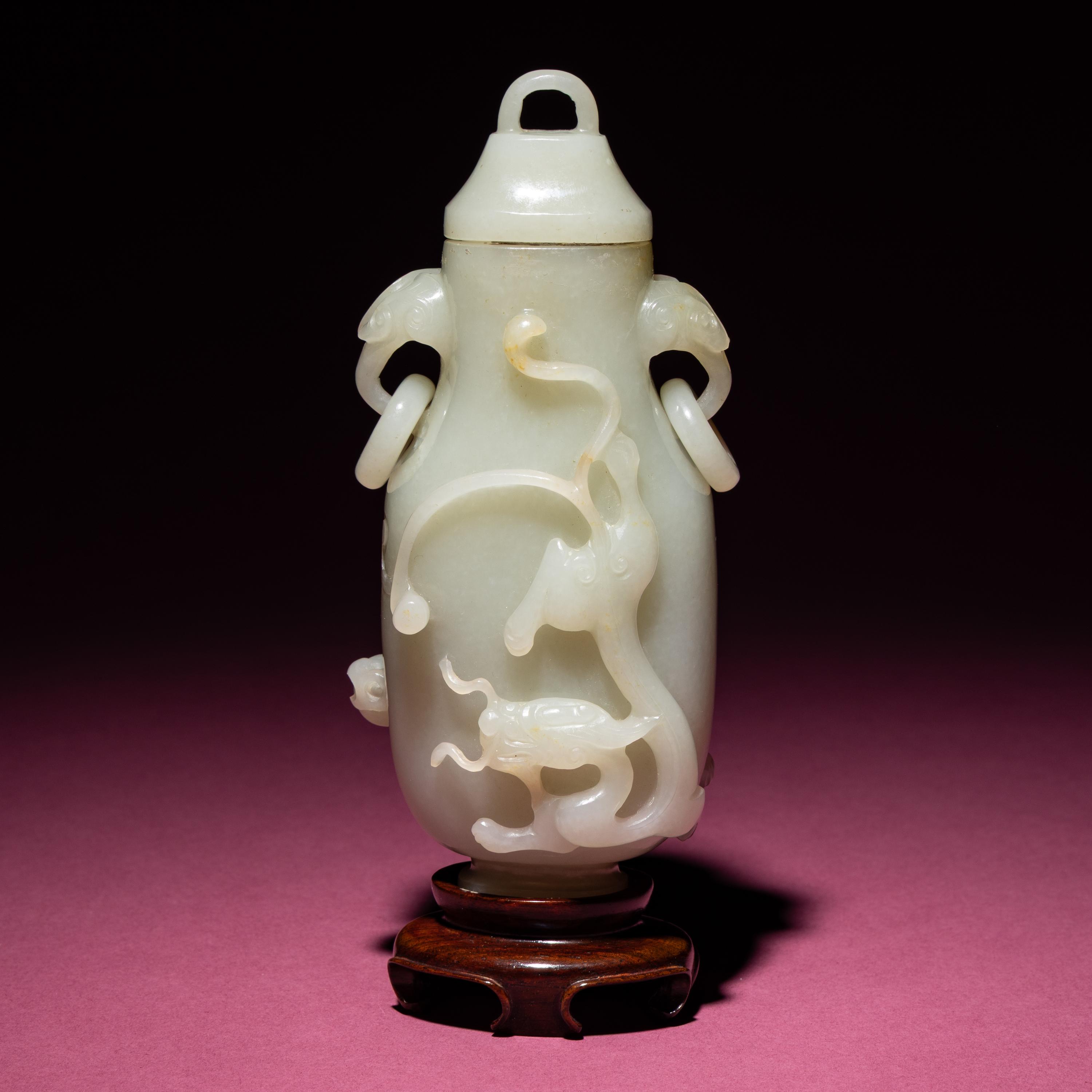 A Chinese Pale Celadon Jade 'Dragon' Covered Vase, 18th/19th Century — 清中期 青白玉螭龍紋雙耳賞瓶